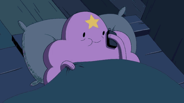a cartoon character is laying in bed talking on a cell phone with the words buenas noches below it