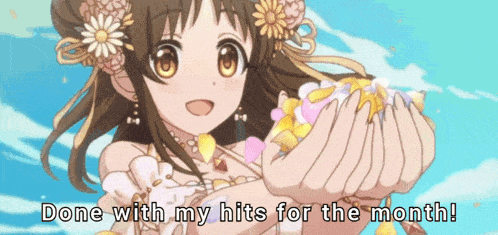 a girl with flowers in her hair is holding something in her hands with the words done with my hits for the month below her