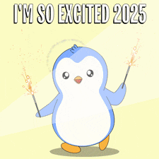 a penguin holding sparklers with the words " i 'm so excited 2025 " above it