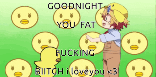 a girl is surrounded by yellow smiley faces and says goodnight you fat fucking bitch i love you < 3 ..