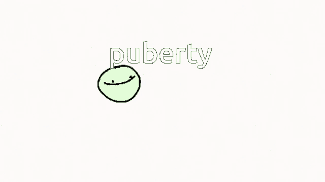 a cartoon drawing of a green object with the word puberty written on it .