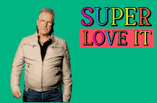 a man in a white leather jacket is standing in front of a sign that says super love it