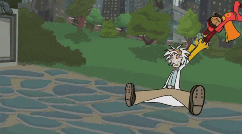 a cartoon of a man laying on the ground with a girl flying over him