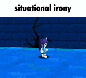 a cartoon character is standing in the water and the words situational irony are above her