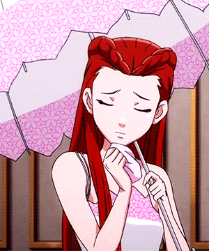 a cartoon girl with red hair is holding a pink and white umbrella
