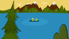 a cartoon drawing of two people in a canoe on a lake with mountains in the background