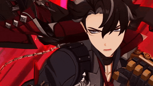 a man with black hair and blue eyes is wearing a black jacket