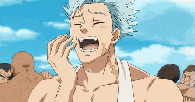 a man with a white towel around his neck is laughing with his mouth open