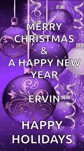 a merry christmas and a happy new year greeting card with purple christmas ornaments .