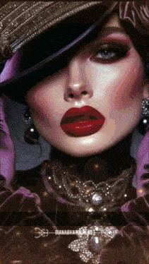 a woman with red lips wearing a purple hat