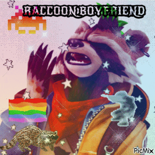 a picture of a raccoon with the words raccoon boyfriend written above him