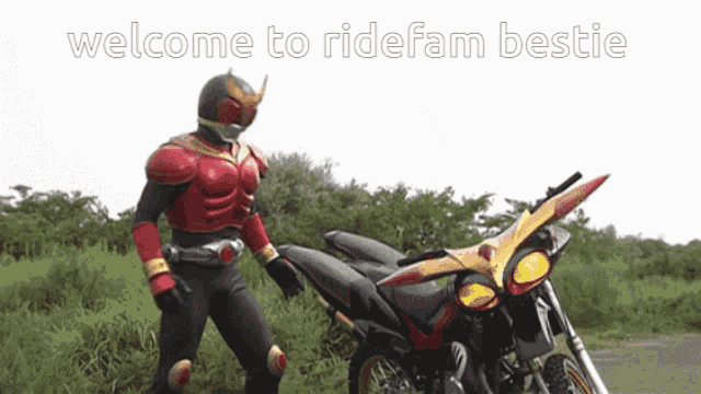 a superhero standing next to a motorcycle with the words welcome to ridefam bestie on the bottom