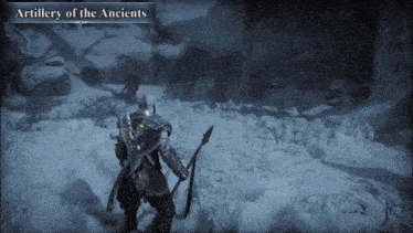 a video game called artillery of the ancients shows a man holding a spear in the snow