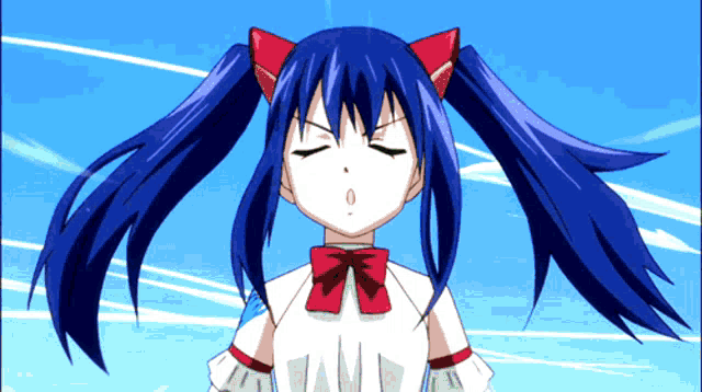 wendy from fairy tail has blue hair and a red bow