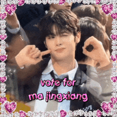 a picture of a man with the words vote for ma jingxiang in pink letters