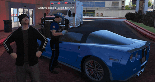 a police officer writes 10000 usd ticket to a man in front of a blue car