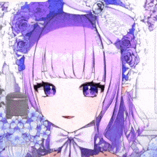 a girl with purple hair wearing a hat with purple flowers on it