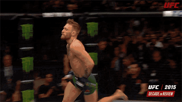 a ufc 2015 decade in review is displayed on a boxing ring