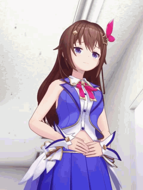 a girl with long brown hair is wearing a blue dress and a red bow