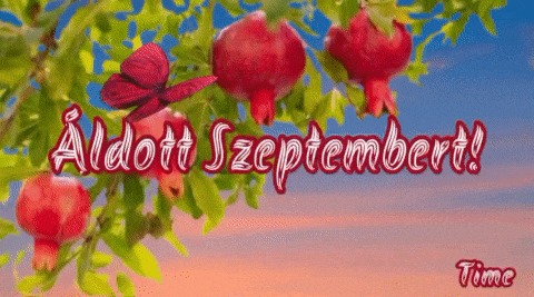 a butterfly is flying over a pomegranate tree with the words aldott szeptember