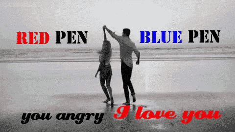 a man and a woman are dancing on the beach with the words " red pen blue pen you angry i love you " below them