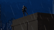 a cartoon of a man standing on top of a building with a lightning bolt in the background