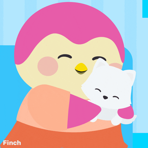 a pink and yellow penguin holding a white cat with the words wuff you below it