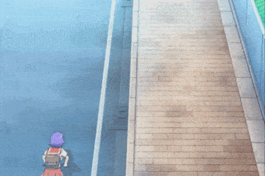 a girl with purple hair is wearing a red and white uniform
