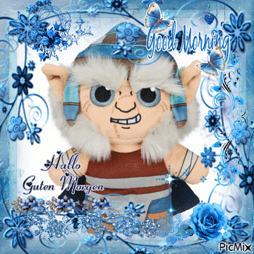 a picture of a stuffed elf with the words good morning written on it