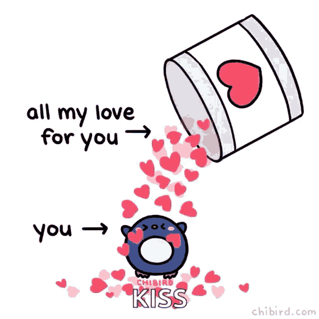 a penguin is surrounded by hearts and says " all my love for you you kiss "