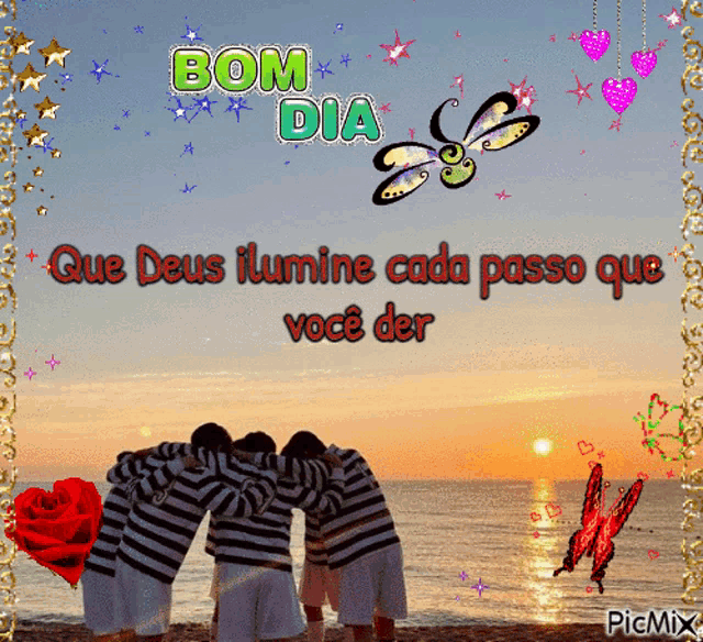 a group of people hugging each other on the beach with the words bom dia above them