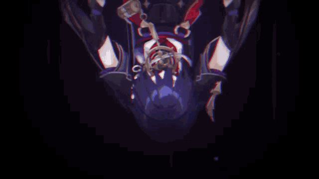 a cartoon character is upside down with a sword in his mouth