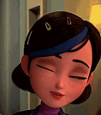 a close up of a cartoon girl with her eyes closed and a blue headband .