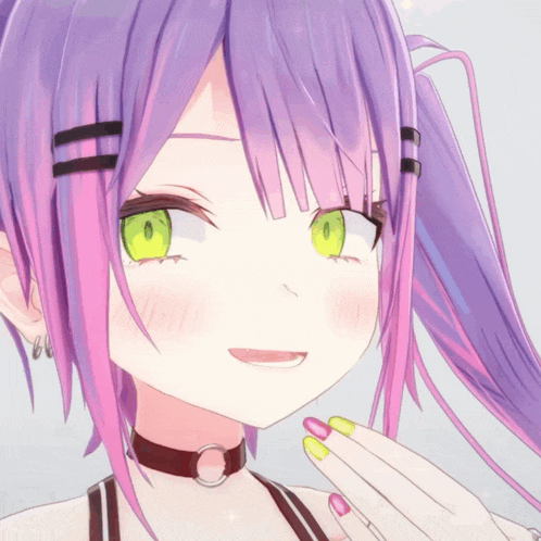 a close up of a girl with purple hair and yellow eyes