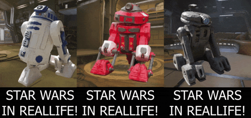 three pictures of robots with the words star wars in reallife on the bottom