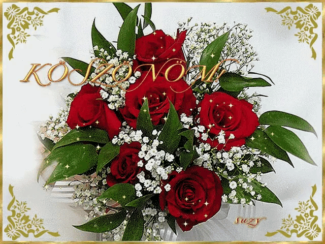 a bouquet of red roses and white baby 's breath is displayed on a card that says kozonom