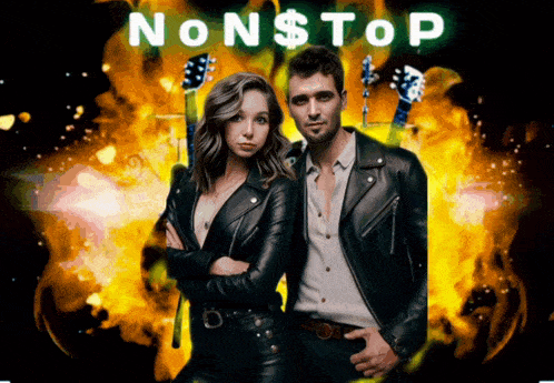 a man and a woman standing next to each other in front of a sign that says " nonstop "