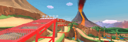 a video game scene with a volcano in the background and a bridge in the foreground