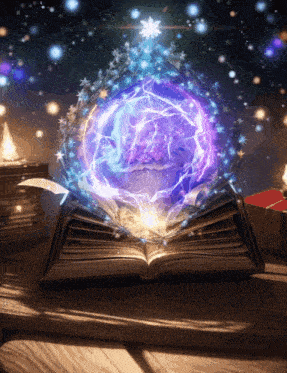 an open book with a glowing sphere coming out of the pages