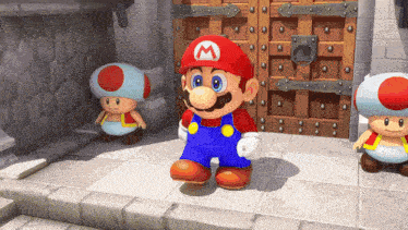 a mario video game character is standing in front of a door