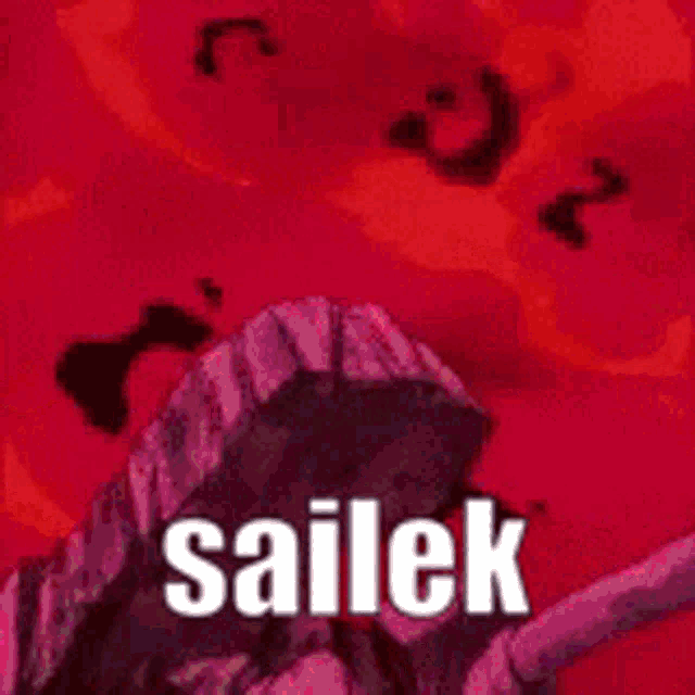 a cartoon character is standing in front of a red background with the word sailek written on it .