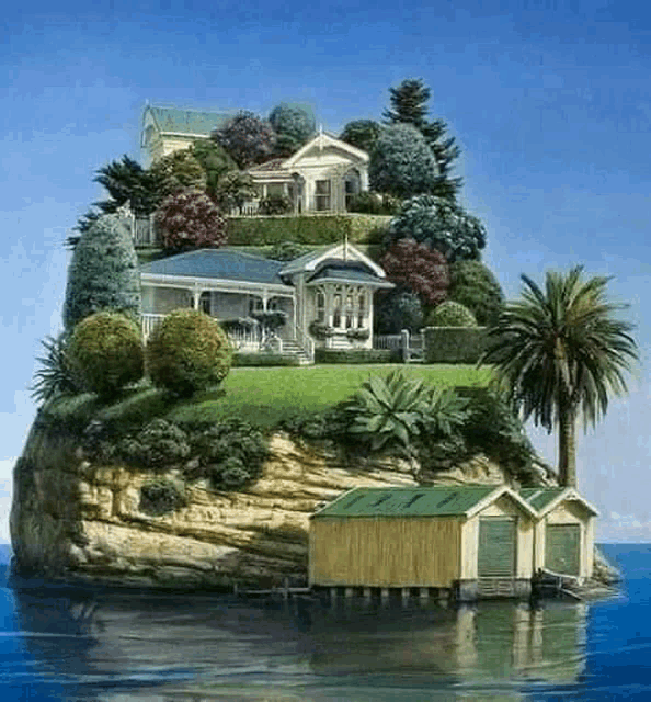 a painting of a house on a small island in the ocean