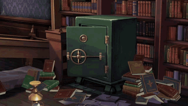 a safe with the door open is surrounded by books and a library mode icon is visible
