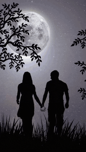 a silhouette of a man and a woman holding hands in front of a full moon