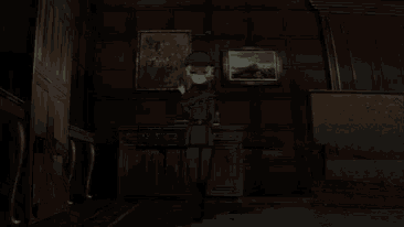 a cartoon character is standing in a dark room with a hat on