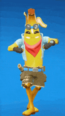 a banana wearing goggles and a bandana is standing on a blue background .