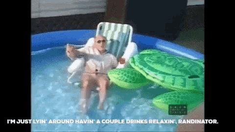 a man is sitting in a pool with a turtle float and a newspaper