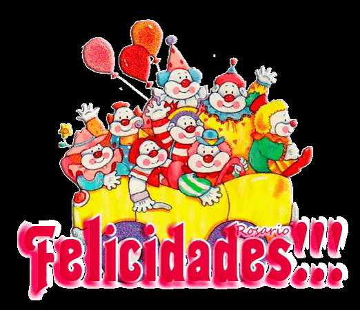 a bunch of clowns are sitting on a yellow wagon with the words felicidades written on the bottom