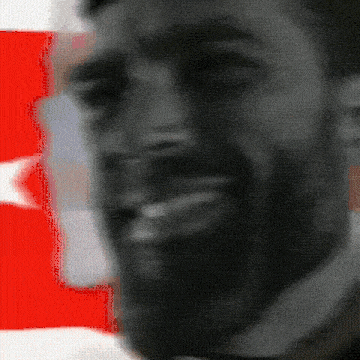 a man with a beard is smiling in front of a flag