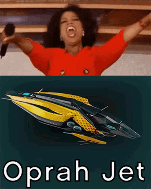 a picture of a woman holding a microphone next to a picture of a space ship that says oprah jet